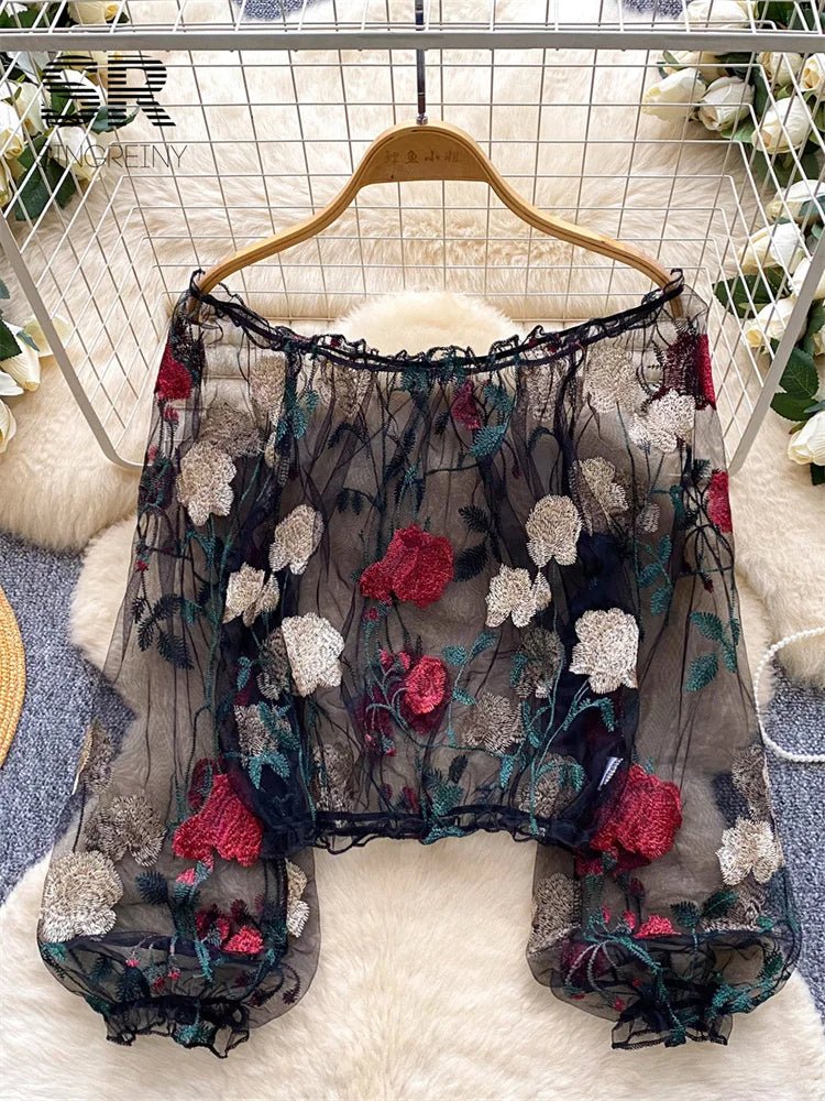 This sexy, versatile women’s blouse features a thin, off - shoulder design with sheer, romantic embroidery. It’s perfect for various occasions and adds a touch of feminine elegance to any outfit. - MODE SEPHRA
