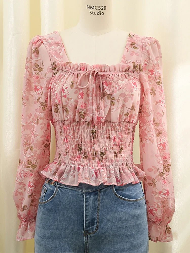 Women Spring Korean Version of The Retro Square Neck Puff Sleeve Lotus Leaf Floral Chiffon Short Blouse Tops Female D0749