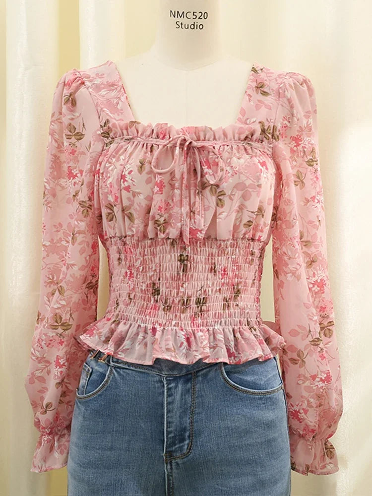 Women Spring Korean Version of The Retro Square Neck Puff Sleeve Lotus Leaf Floral Chiffon Short Blouse Tops Female D0749