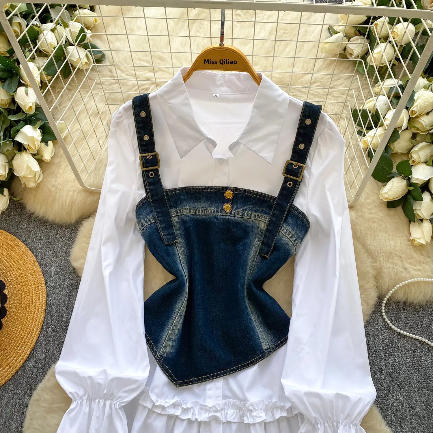 Spring Autumn Commute Sle Women's Faion Slimming Two-Piece Set High Waist Denim Belted Top Bot Ensemble Office Ready