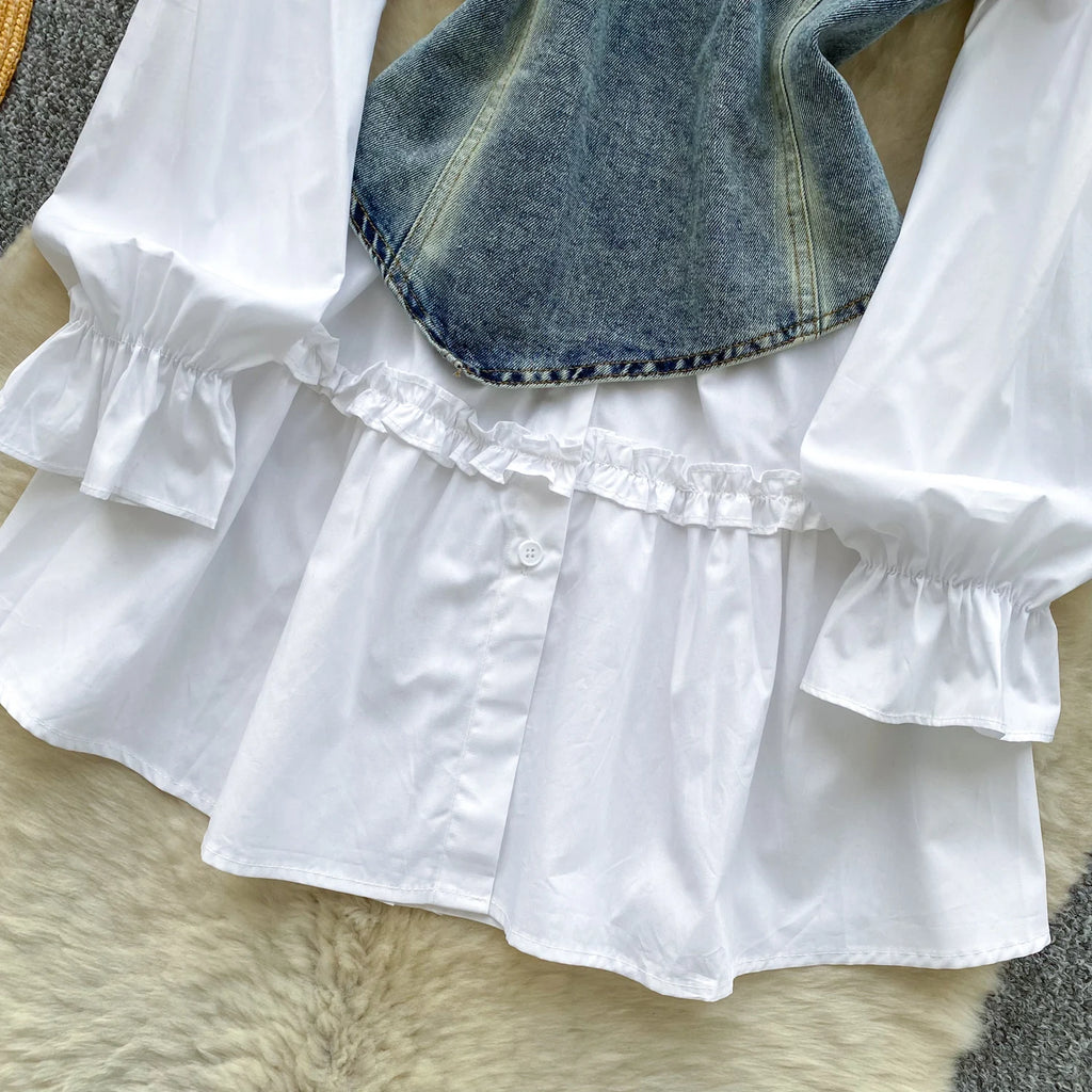 Spring Autumn Commute Sle Women's Faion Slimming Two-Piece Set High Waist Denim Belted Top Bot Ensemble Office Ready