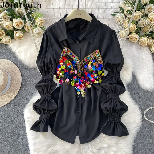 2 Piece Sets 2026 Women's Clothing Heavy Sequin Sking Vest Lantern Sleeve White Blouses Outfits Roupas Femme Chic Korean Suit