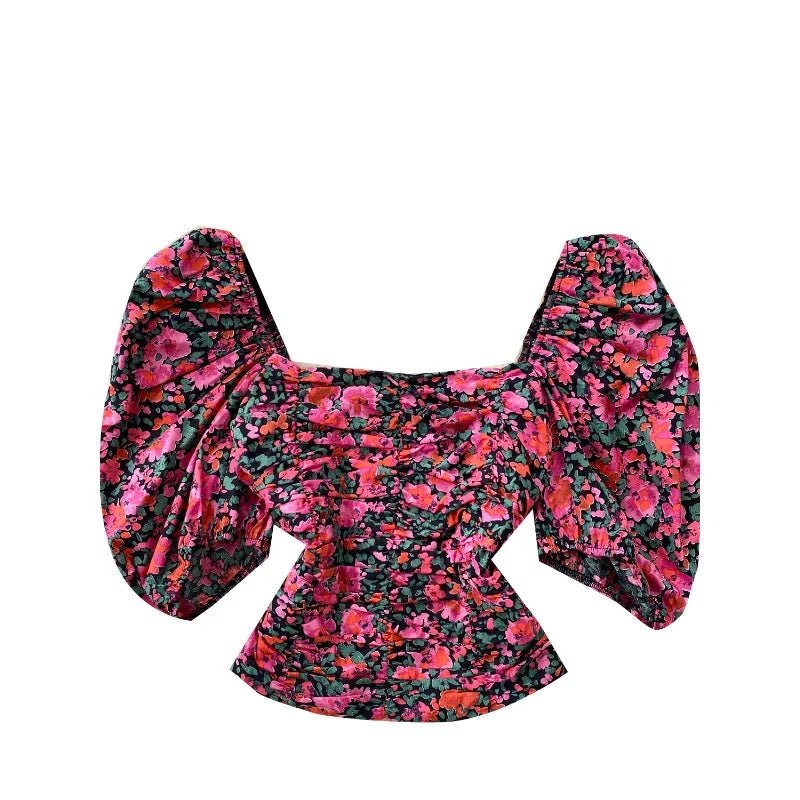 Blouses Fashion French Style Square Neck Bubble Sleeve Shirt Women Summer 2025 Pleated Waist Slim Fit Floral Top