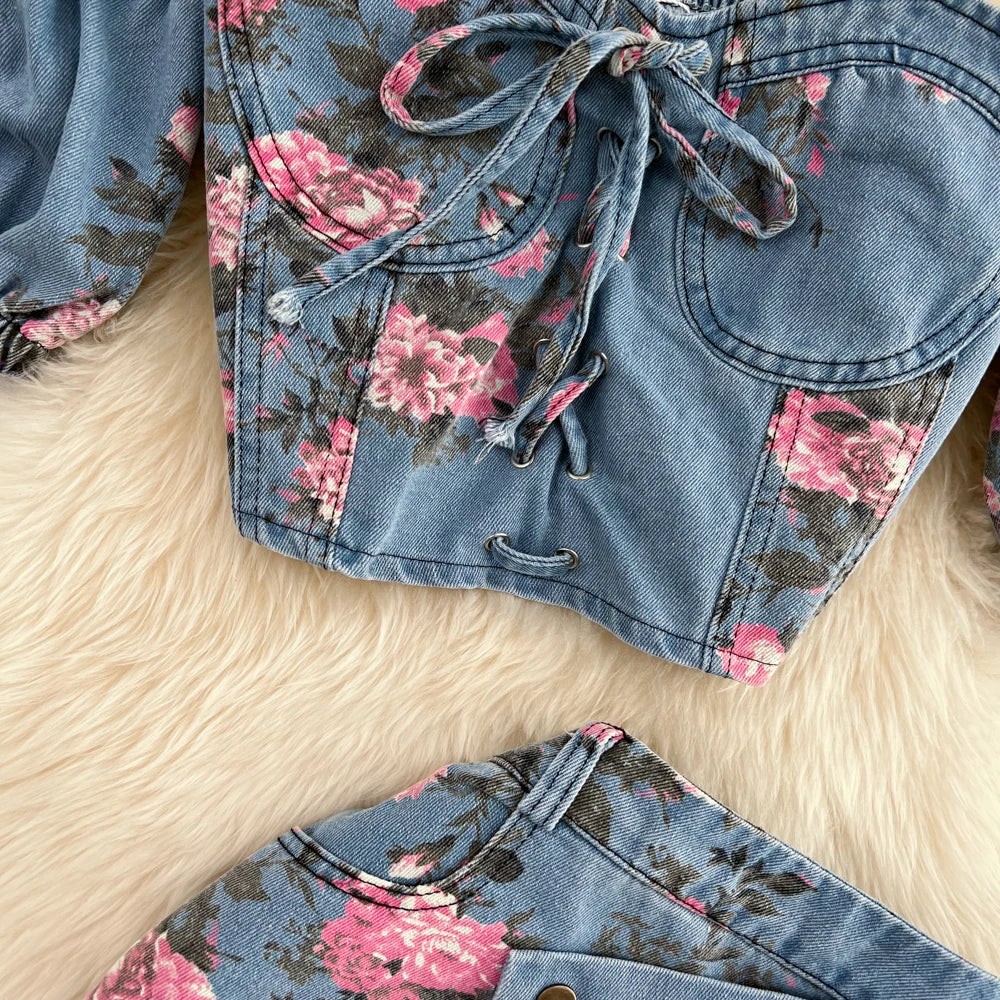 Women 2 Piece Set Denim Fashion Female Hot Girl Chic Sexy Sling Top High Waist Irregular Split Skirt Summer Lady Suit