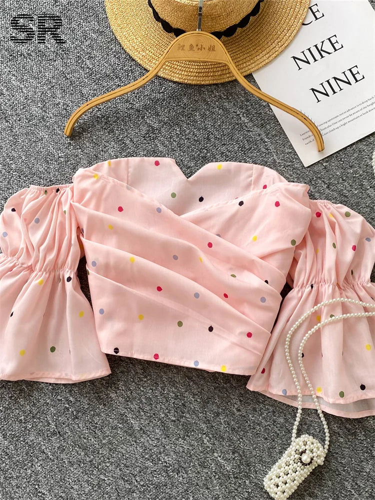 SINGREINY Hotsweet Strapless Chic Crop Tops 2025 Summer Flare Sleeves Ruched Shirts Fashion Slim Off Shoulder Polka Dot Blouses