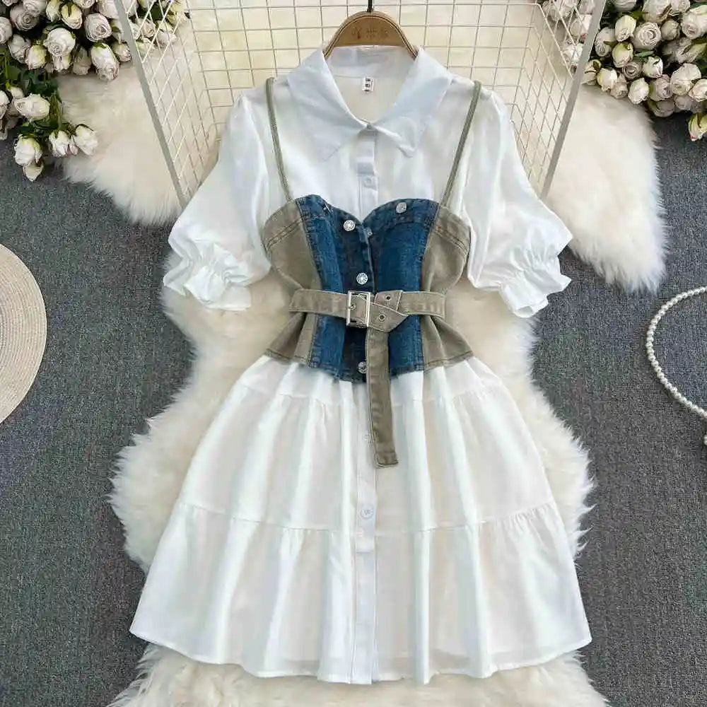 Summer Women's White Shirt Dresses Denim Vest Top Short Sleeve Turn Down Collar Single-breasted A-line Dress Two Piece Set