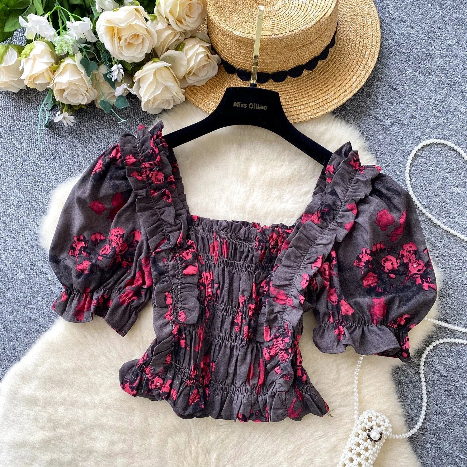 Romantic Aosphere Bubble Sve ort Design Women's irt Vintage Street Sle Polyester Fiber Korean Version Casual irt