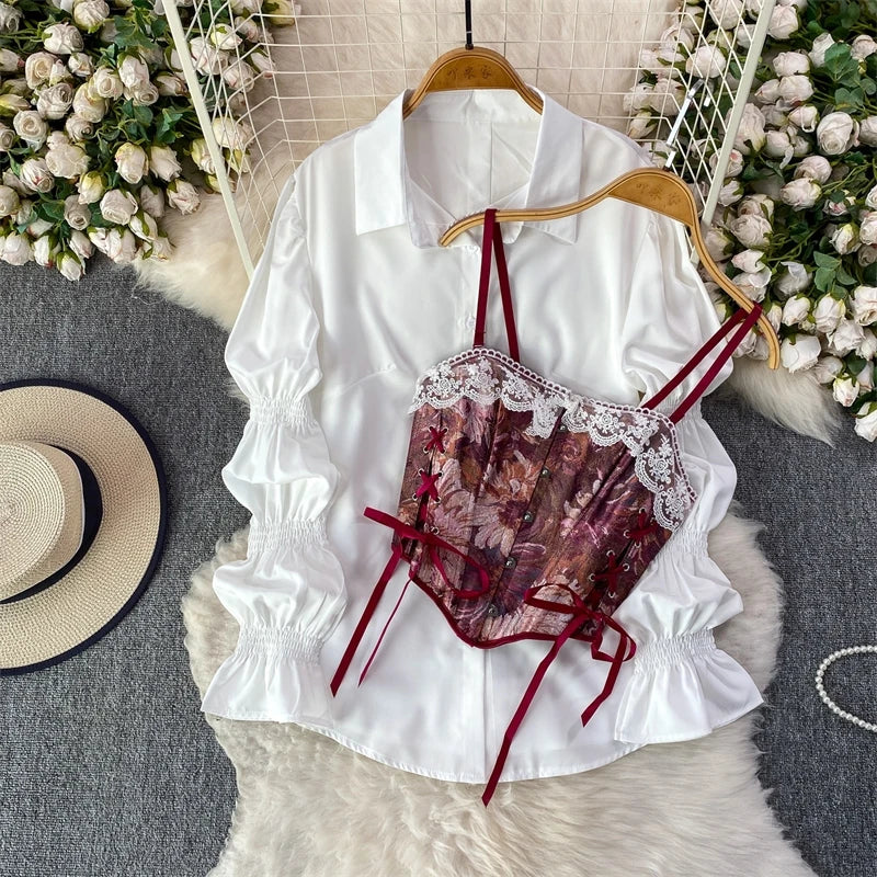 XFPV Elegant 2 Pieces Set Lace Splicing Waist-cinching Slim Jacquard Camisole + Versatile Lantern Sleeve Shirt 2026 Spring New