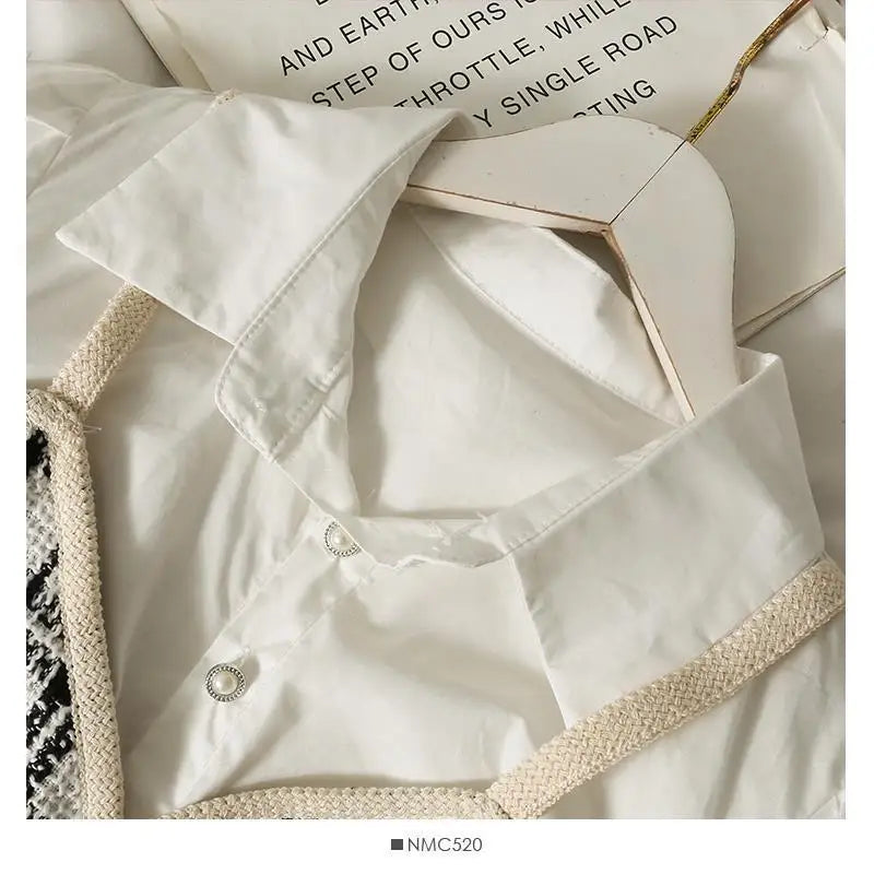 Retro Korean Style Patchwork Wide Stripe Woolen Fabric Fake Two-Piece Long Sleeve Shirt High Waist Belted Slim Fit Polo Collar