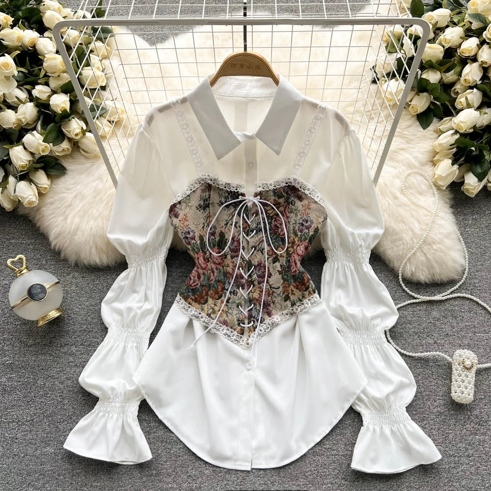 Spring Summer New Design Retro Patterned Belted Outerwear Small Vest Midi Length A-Line Puffy irt Dr Korean Sle Loose Fit