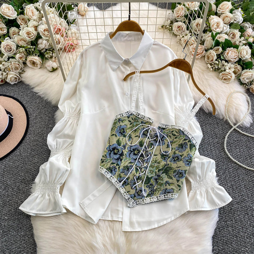 Retro Lace Patchwork Bell Sve irt Set Sweet Sle Slimming Waist Design Strap Top Versatile Long Sve Printed Casual Wear