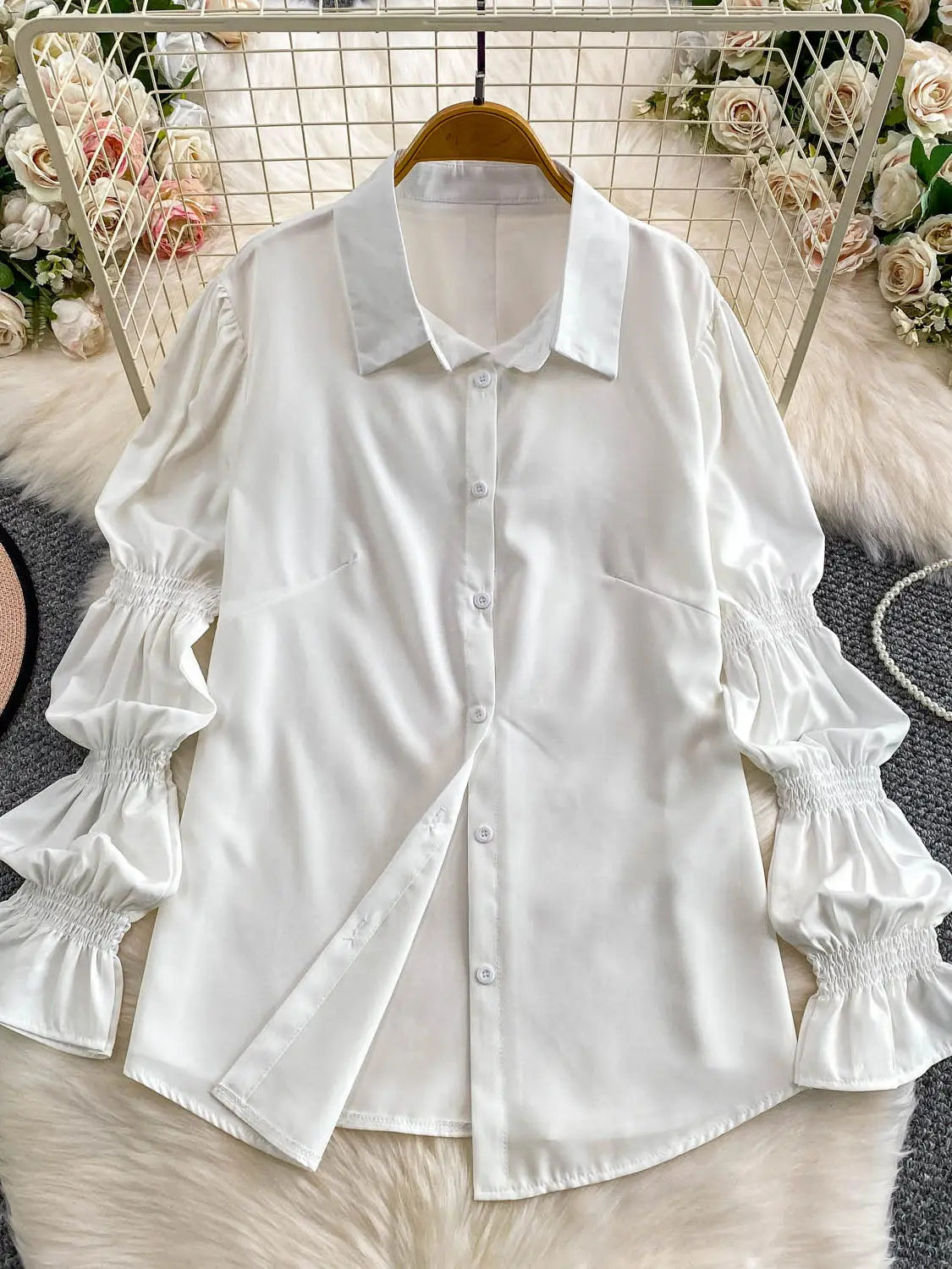 SuperAen Korean Style Office Lady Loose Lantern Sleeve Shirt Single-breasted V-neck Vest Denim Jacket Two-piece Sets