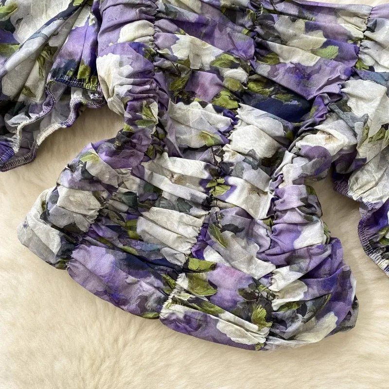 Blouses Fashion French Style Square Neck Bubble Sleeve Shirt Women Summer 2025 Pleated Waist Slim Fit Floral Top