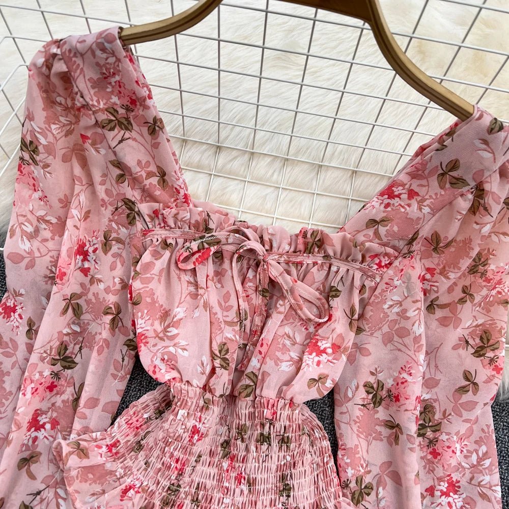 Women Spring Korean Version of The Retro Square Neck Puff Sleeve Lotus Leaf Floral Chiffon Short Blouse Tops Female D0749