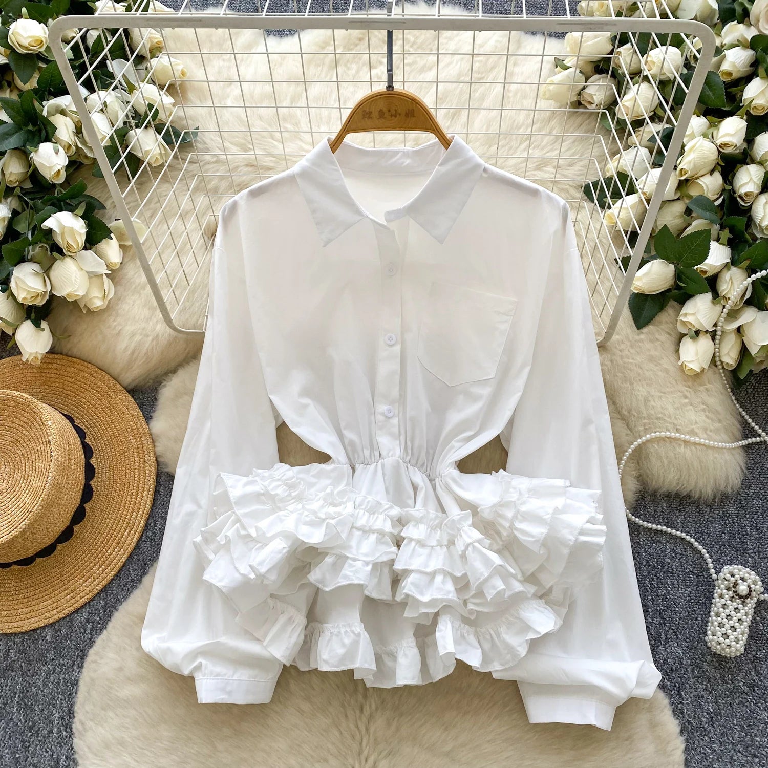 Ele Long Sve irt Women's Faionable Gathered Waist Lace Trim Top Luxury Sensation Spring Autumn Seasonal Lightweight