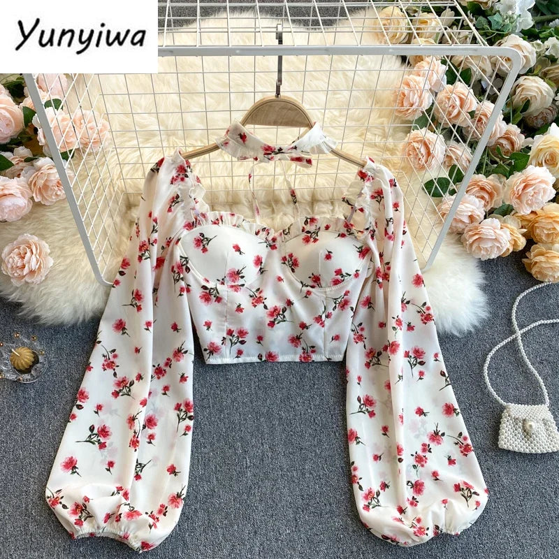 SINGREINY Women Boho Floral Blouse Korean Retro Square-Collar Puff Sleeve Slim Tops Spring Sexy Streetwear Print Short Blouses