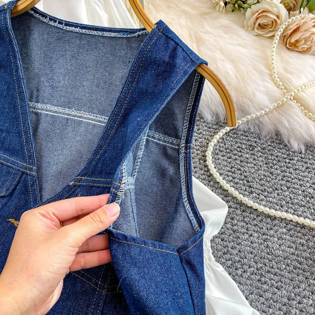 SuperAen Korean Style Office Lady Loose Lantern Sleeve Shirt Single-breasted V-neck Vest Denim Jacket Two-piece Sets