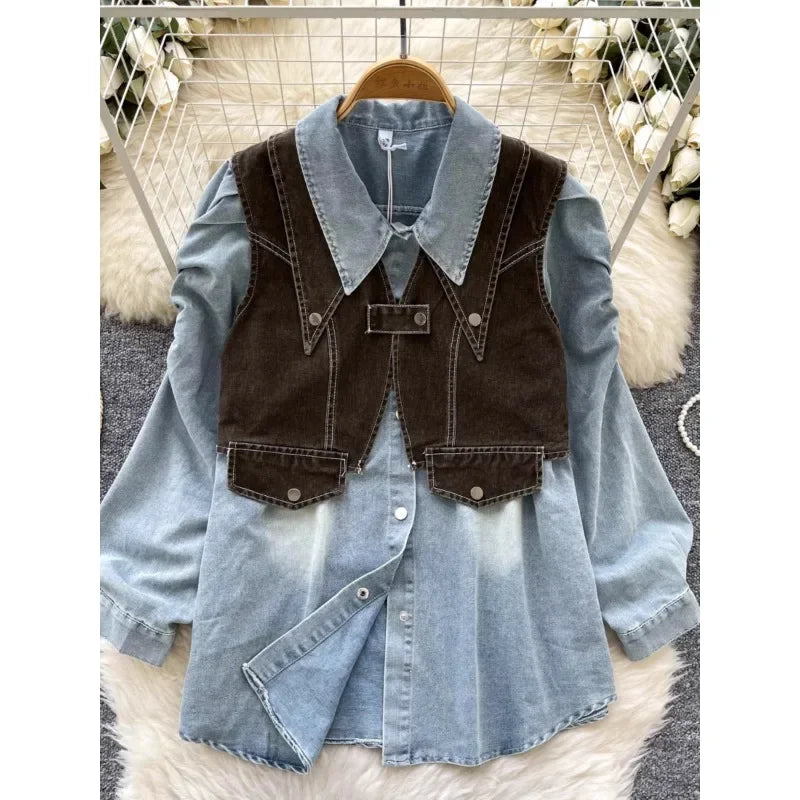 Denim Two Piece Sets Women's Clothing Gentle Suit Layered Outfit Buckle Vest Korean Fashionable Bubble Sleeve Shirts Wholesale