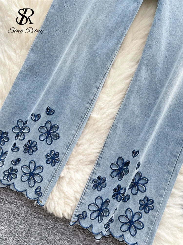 SINGREINY American Retro Denim Pants Female Zipper Buttons Design Wide Legs Trousers 2025 Fashion Embroidery Flower Solid Jeans