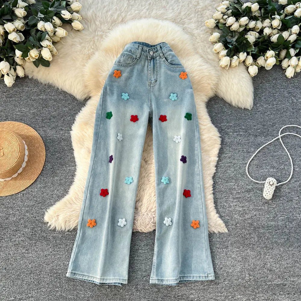 Women’s Denim Jeans Solid Pants Embroidered Floral Pocket Button Zipper Fly Empire Waist Wide Leg Pants Streetwear 2026 Spring