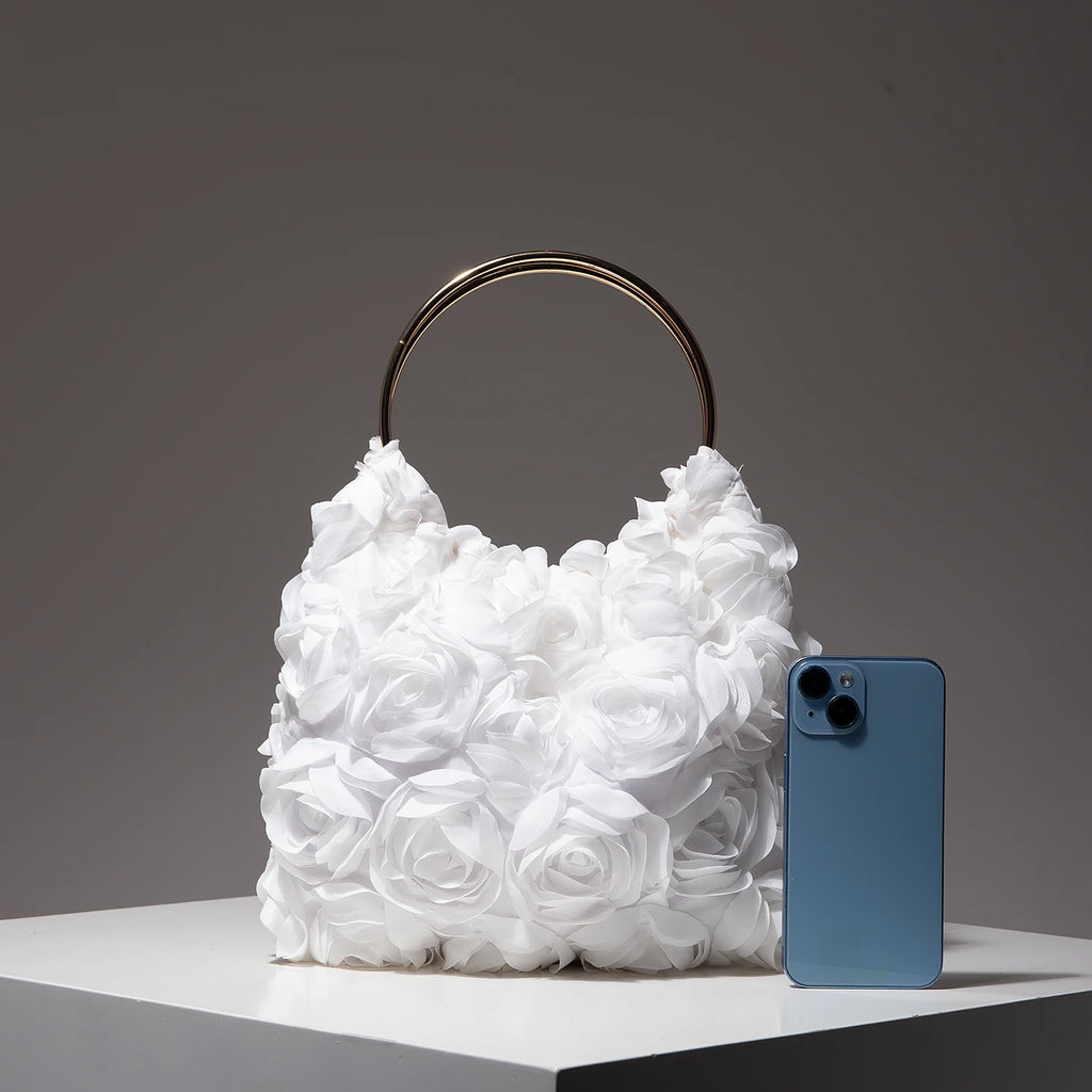 Ladies’ elegant tote bags, prom dresses, and party bags with random patterns.