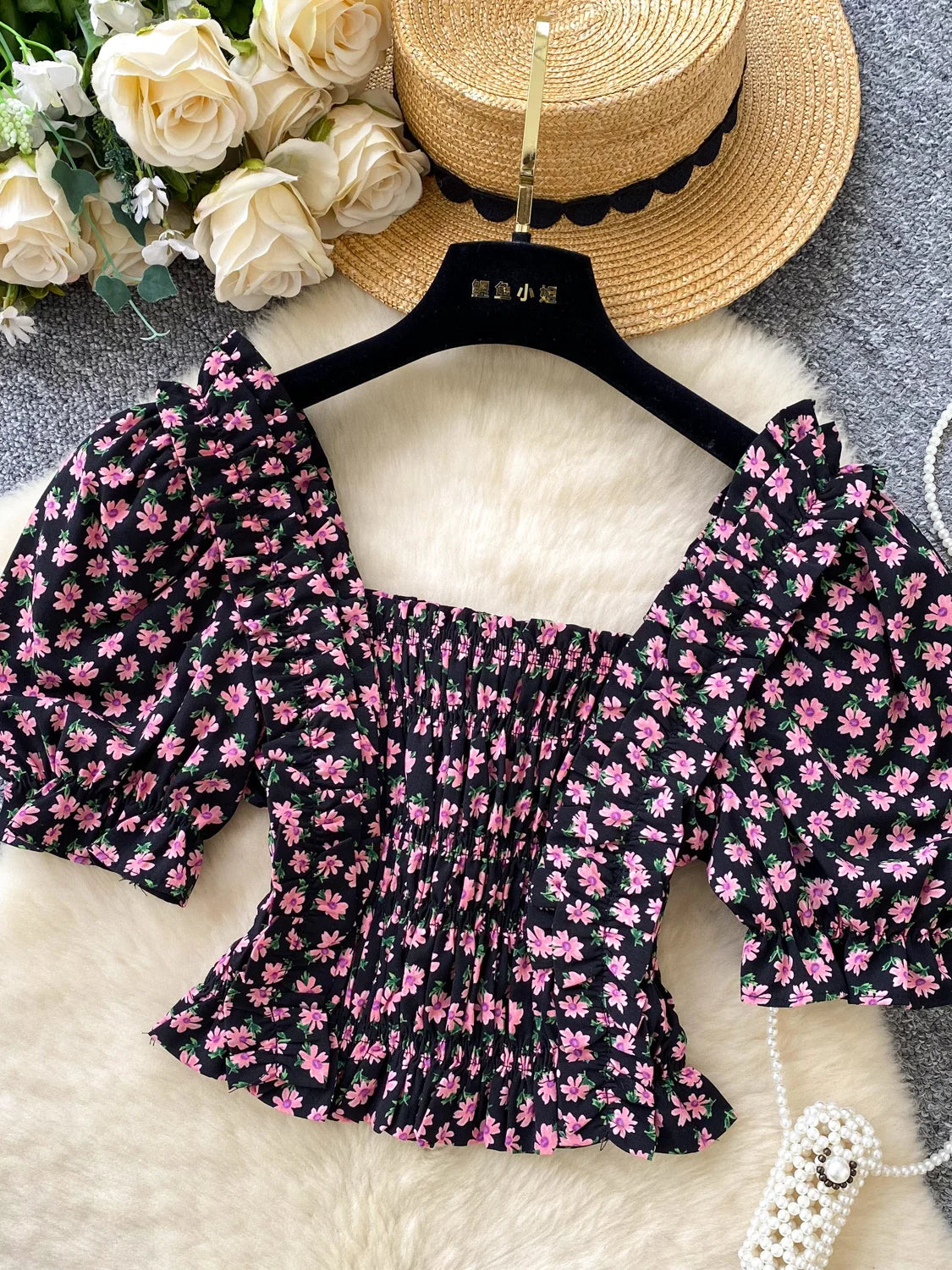 Romantic Aosphere Bubble Sve ort Design Women's irt Vintage Street Sle Polyester Fiber Korean Version Casual irt