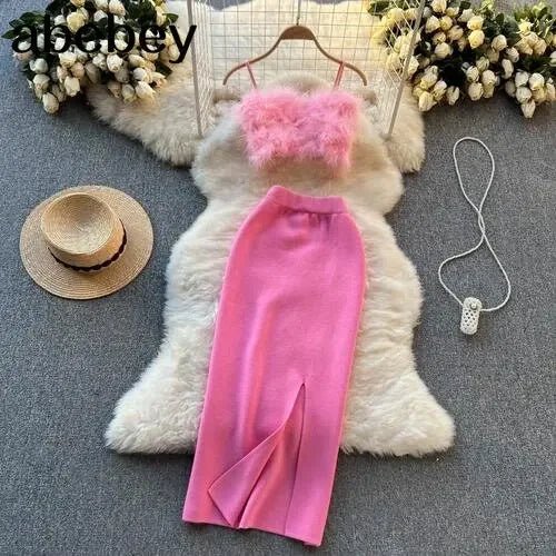 New Pink Women’s Knit Two-Piece Sets: Sexy Short Top with Elastic Waist and Knit Split Long Skirt. Fashion Solid Women’s Suits.
