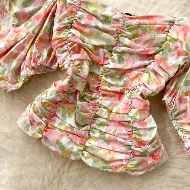 Blouses Fashion French Style Square Neck Bubble Sleeve Shirt Women Summer 2025 Pleated Waist Slim Fit Floral Top