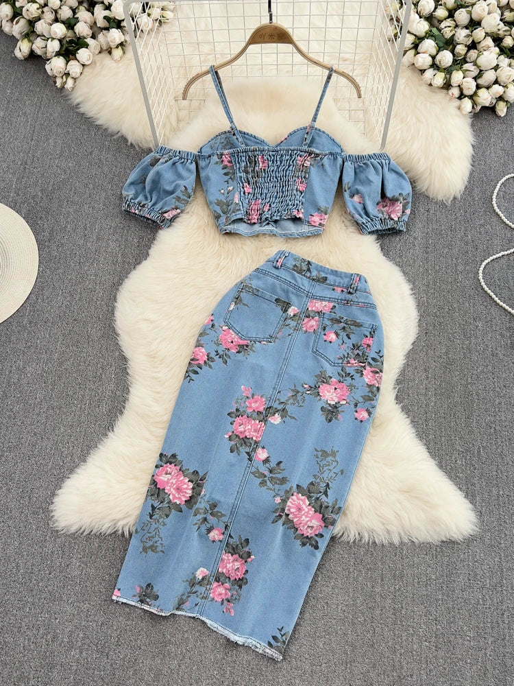 Women 2 Piece Set Denim Fashion Female Hot Girl Chic Sexy Sling Top High Waist Irregular Split Skirt Summer Lady Suit