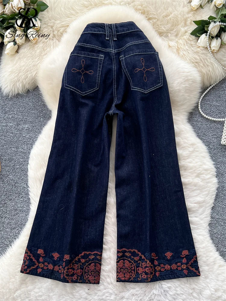 SINGREINY Korean Fashion Denim Pants Women's High Waist Embroidery Chic Wide Legs Trousers Autumn Loose Casual Daily Jeans