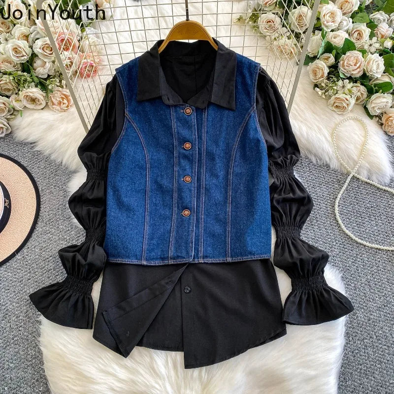 2 Piece Sets Women's Clothing 2025 Lantern Sleeve White Shirts Slim Fit Single-breasted Denim Vest Coat Suit Chic Casual Outfits