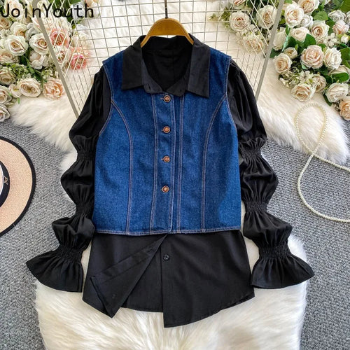 2 Piece Sets Women's Clothing 2025 Lantern Sleeve White Shirts Slim Fit Single-breasted Denim Vest Coat Suit Chic Casual Outfits