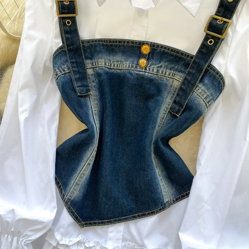 Spring Autumn Commute Sle Women's Faion Slimming Two-Piece Set High Waist Denim Belted Top Bot Ensemble Office Ready