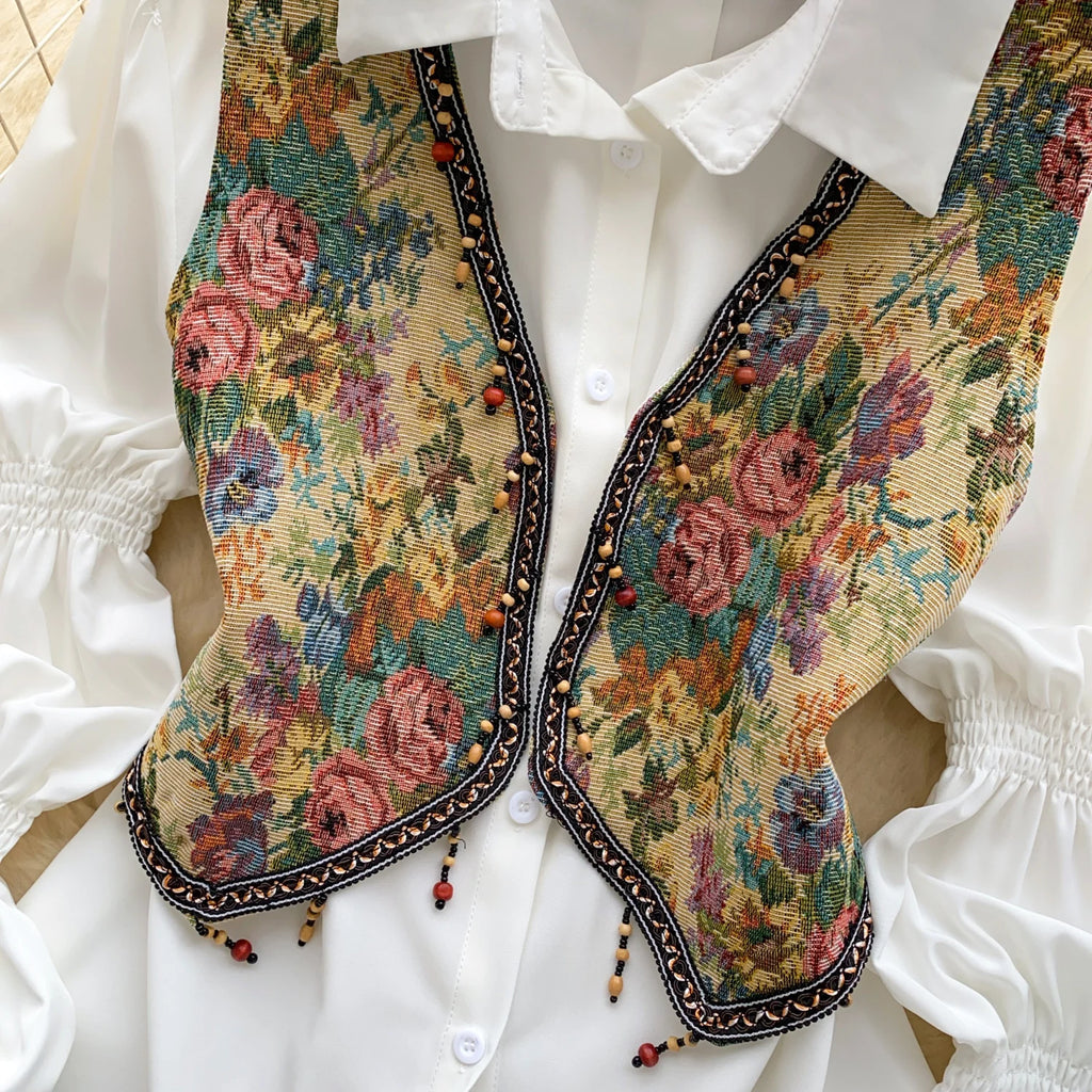 Neploe Lovely Korea Chic Court Women Clothing Minority French Style Puff Sleeve Shirts Tassel Jacquard Short Slim Casual Blusas