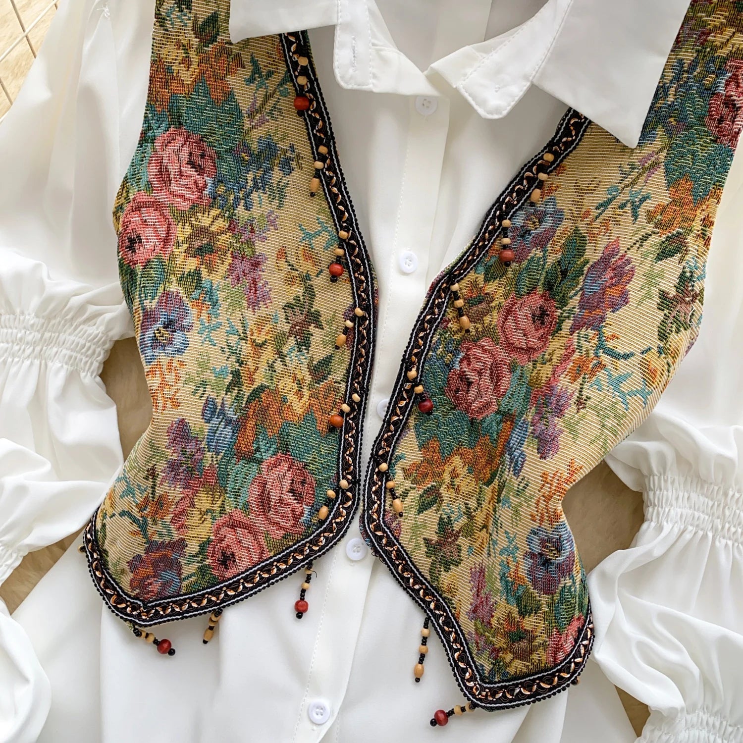 Neploe Lovely Korea Chic Court Women Clothing Minority French Style Puff Sleeve Shirts Tassel Jacquard Short Slim Casual Blusas