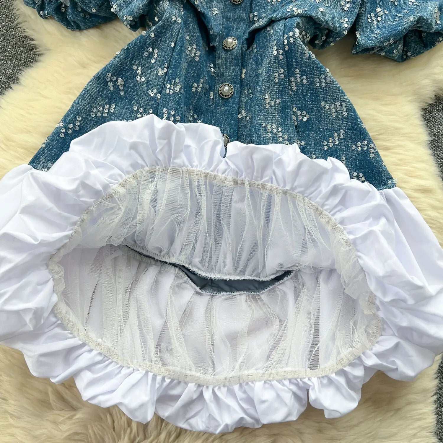 Elegant Hollow Out Sequins Jeans Dresses Shirt Women Patchwork Ball Gown Single Breasted Pearl Blue White Short Evening Dress