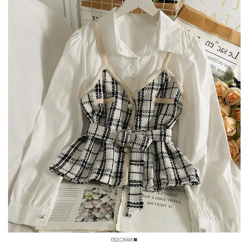 Retro Korean Style Patchwork Wide Stripe Woolen Fabric Fake Two-Piece Long Sleeve Shirt High Waist Belted Slim Fit Polo Collar