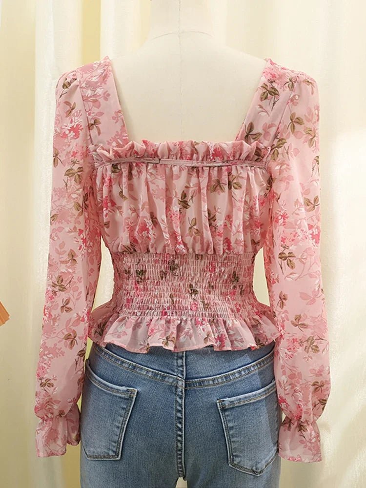 Women Spring Korean Version of The Retro Square Neck Puff Sleeve Lotus Leaf Floral Chiffon Short Blouse Tops Female D0749
