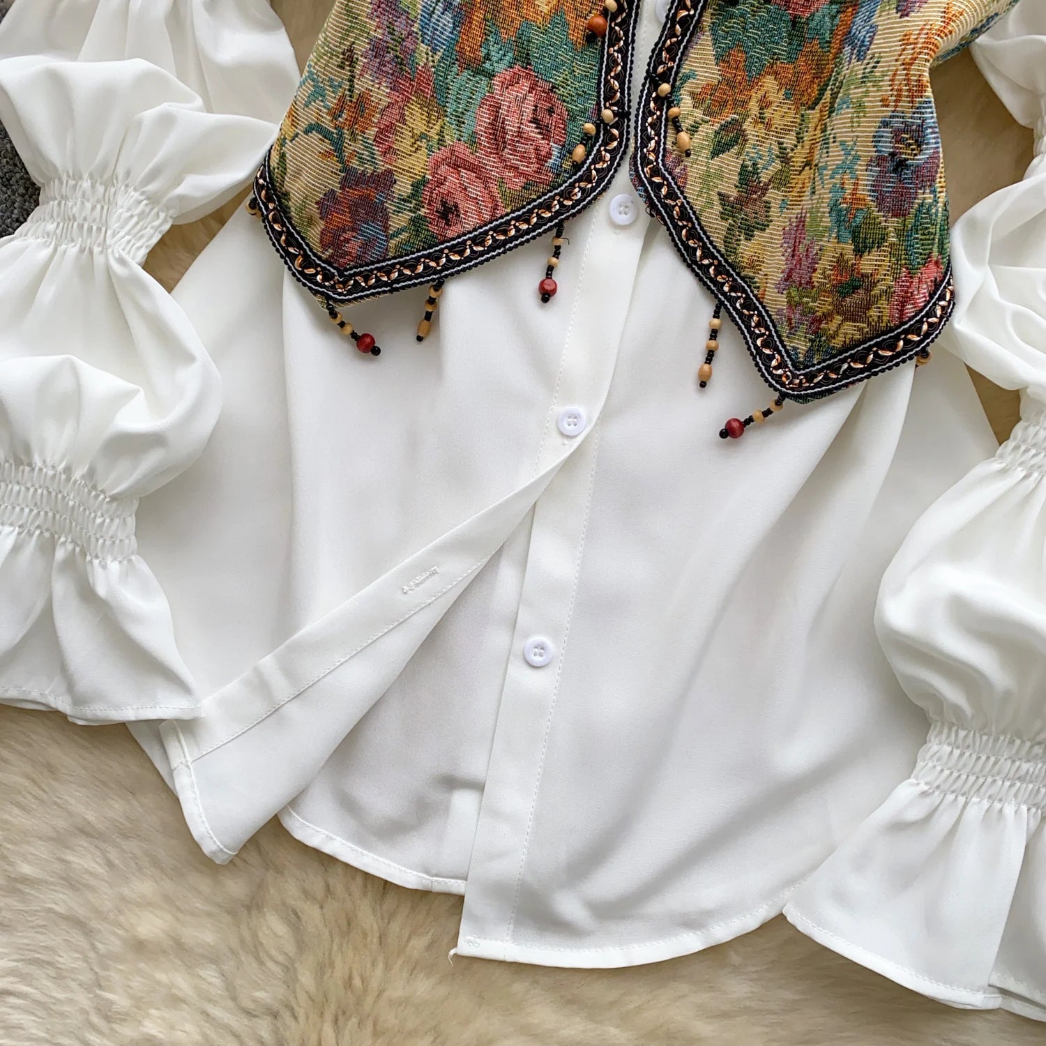 Neploe Lovely Korea Chic Court Women Clothing Minority French Style Puff Sleeve Shirts Tassel Jacquard Short Slim Casual Blusas