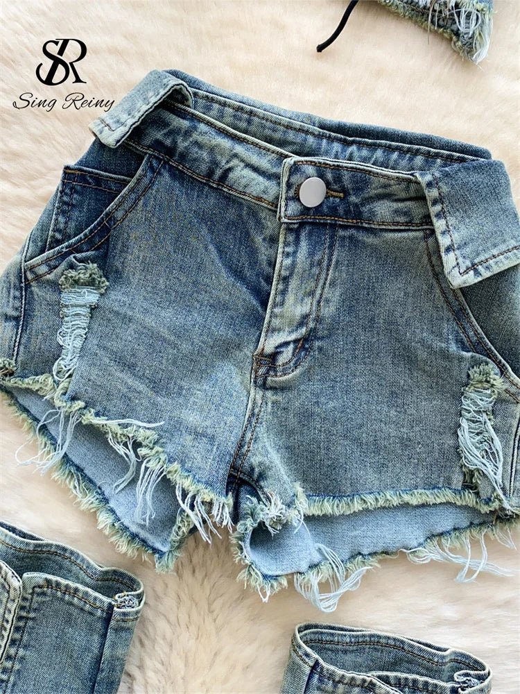 Denim Edgy Three-Piece Sets: Stretchy Curve Sexy Tops, Raw Hem Shorts, and Strap Leg Warmer. Fashion High Quality Summer Sets.