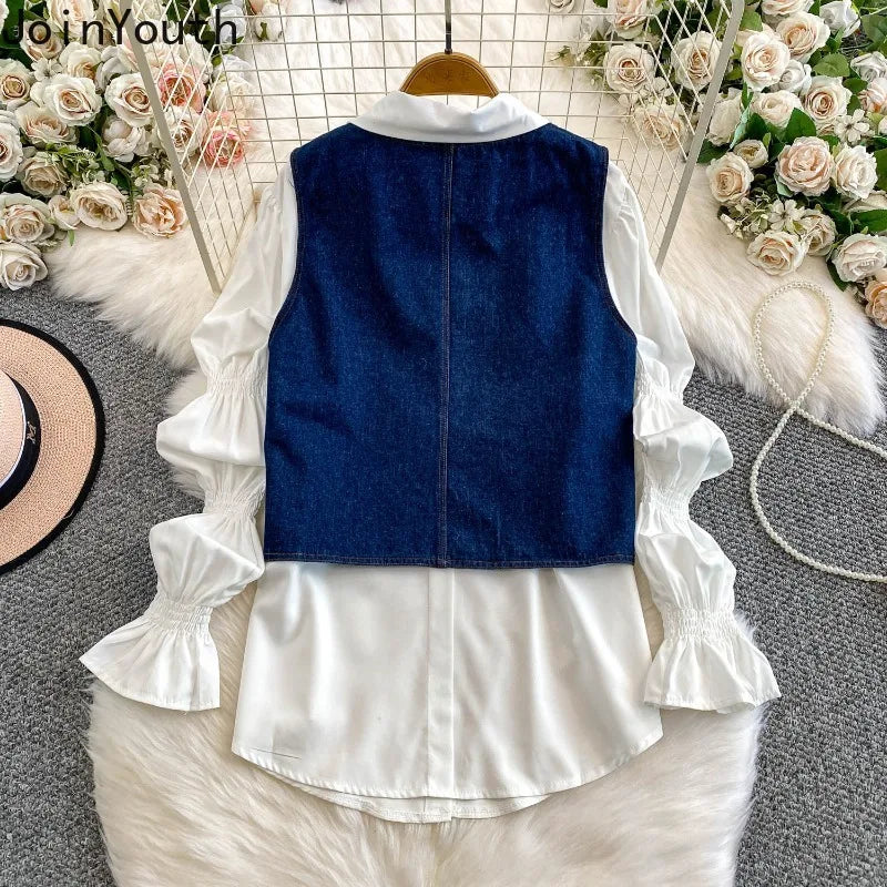 2 Piece Sets Women's Clothing 2025 Lantern Sleeve White Shirts Slim Fit Single-breasted Denim Vest Coat Suit Chic Casual Outfits