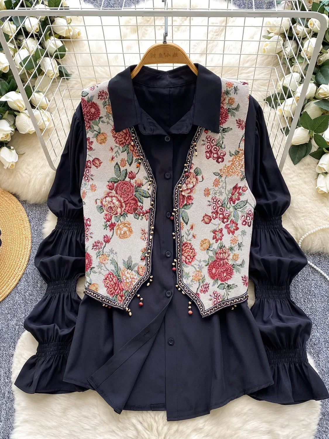 Retro Tassel Trim Embroidered Vest Loose Casual Bubble Sve irt Autumn Wear Two-Piece Set Women's Faion Casual Outfit