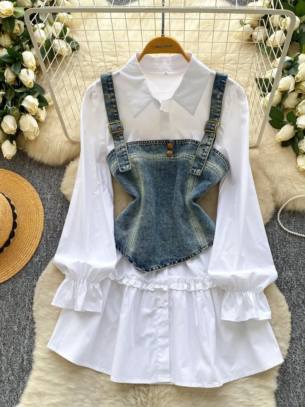 Spring Autumn Commute Sle Women's Faion Slimming Two-Piece Set High Waist Denim Belted Top Bot Ensemble Office Ready