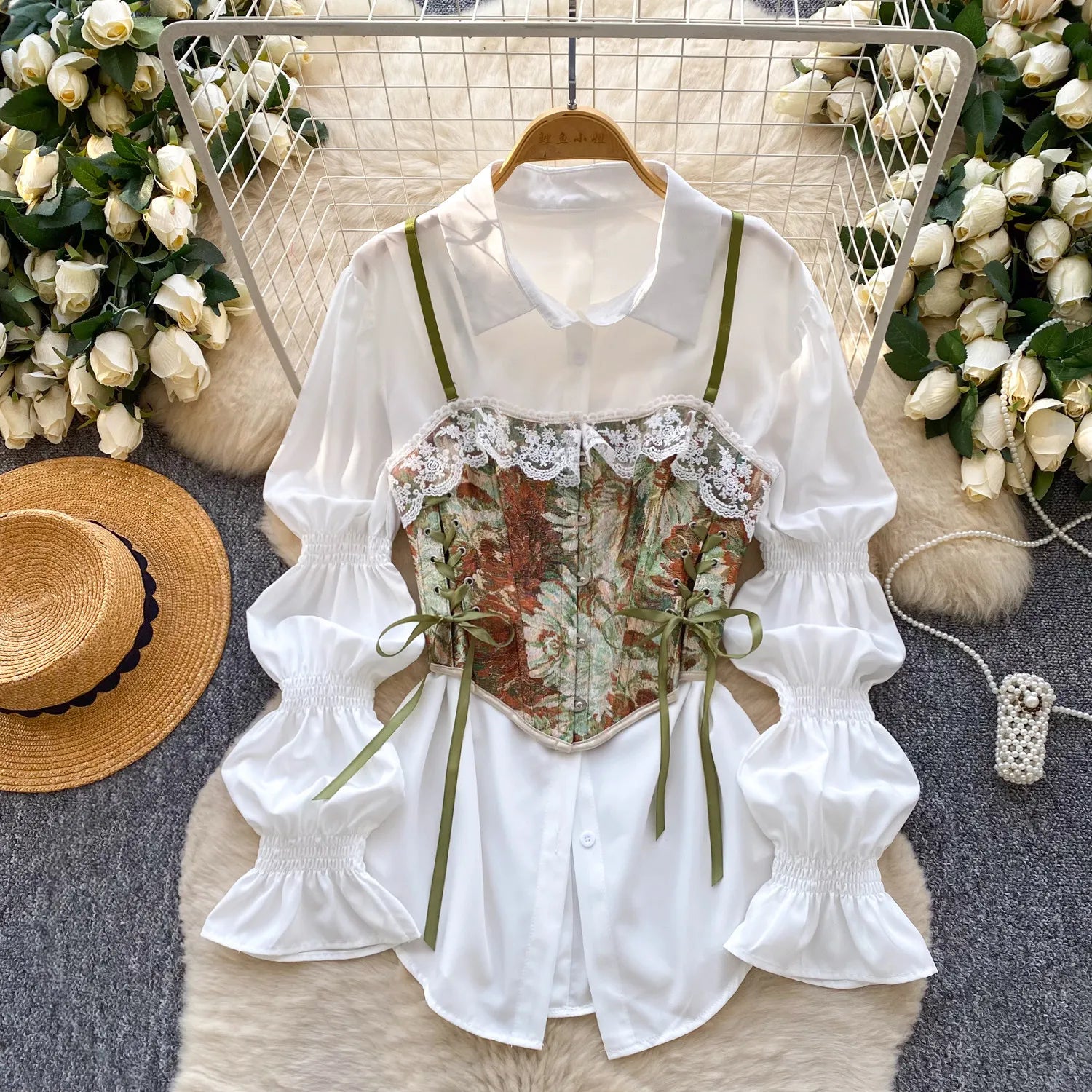 Matakawa 2 Pieces Women Shirts&blouses Print Floral Bandage Vintage Blusas Mujer Spring Autumn Korean Fashion Camisas