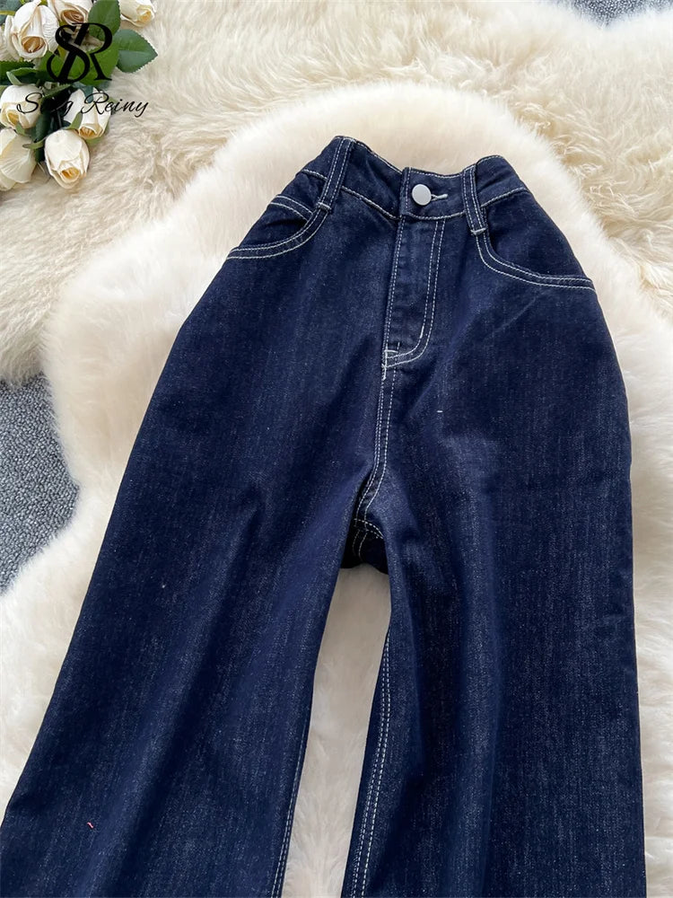 SINGREINY Korean Fashion Denim Pants Women's High Waist Embroidery Chic Wide Legs Trousers Autumn Loose Casual Daily Jeans