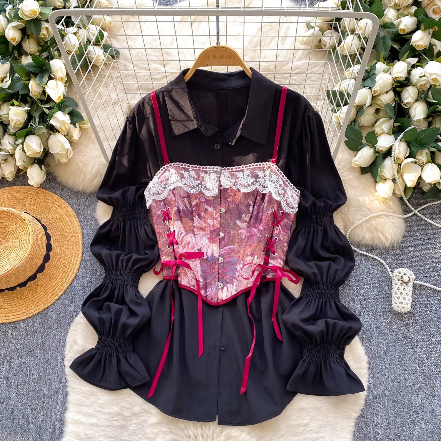 Matakawa 2 Pieces Women Shirts&blouses Print Floral Bandage Vintage Blusas Mujer Spring Autumn Korean Fashion Camisas