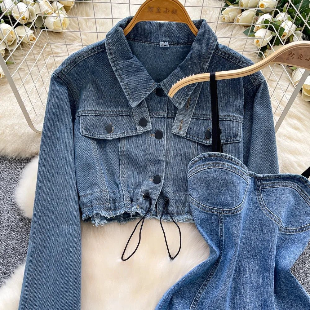 Chic denim two-piece set, including a slim-fit short cardigan and a simple casual office lady vintage suit dress.