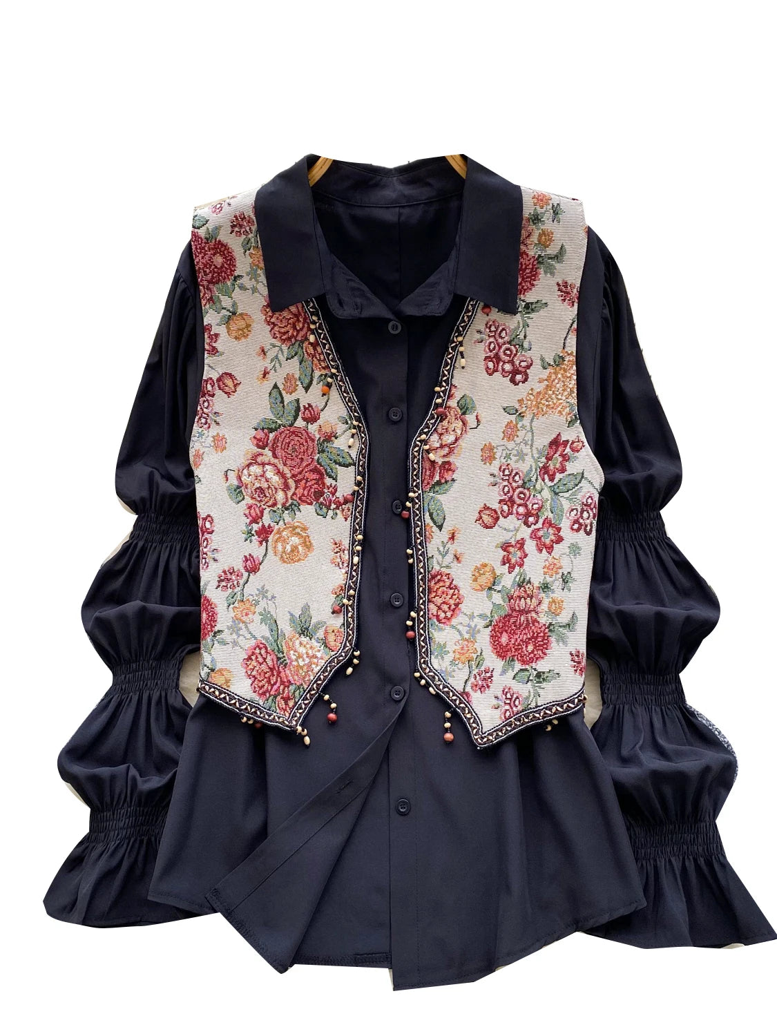 Retro Tassel Trim Embroidered Vest Loose Casual Bubble Sve irt Autumn Wear Two-Piece Set Women's Faion Casual Outfit