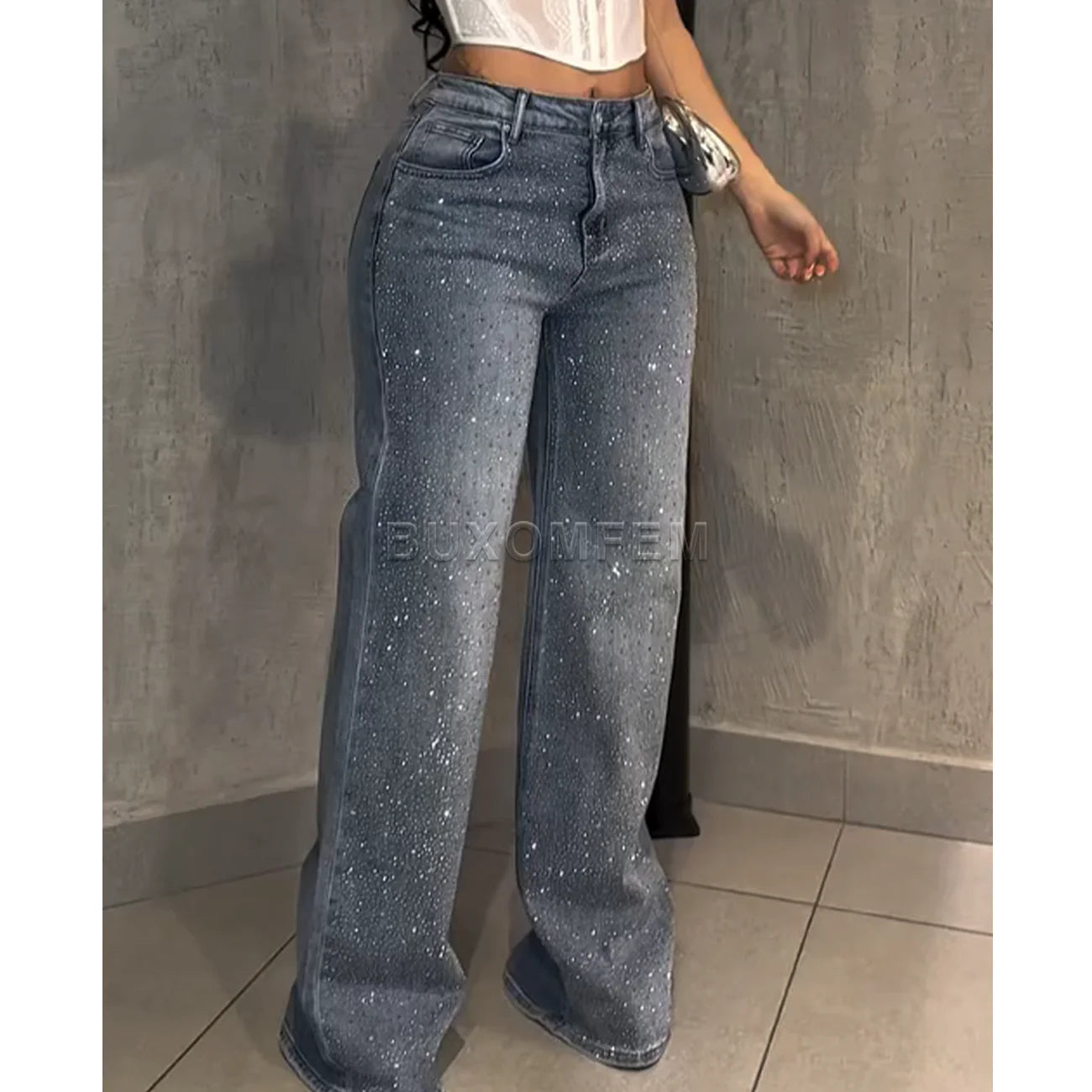 Ladies Stylish Baggy Pants Y2k Streetwear Women's Drilled Straight Leg Jeans Outfit Wide Leg Pants Loose Jeans Ladies Bottoms