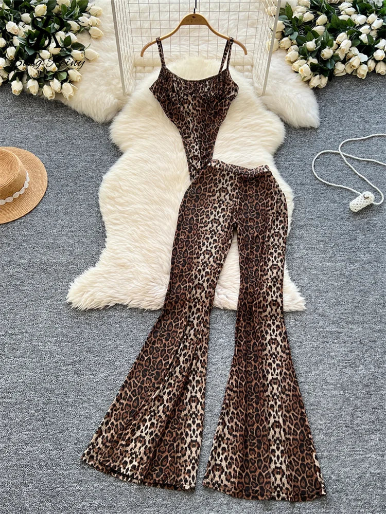 SINGREINY 2026 Newest Leopard 2pcs Suits Women Sexy Strap Tops+Elastic Waist Flared Pants American Ins Fashion Hotsweet Sets
